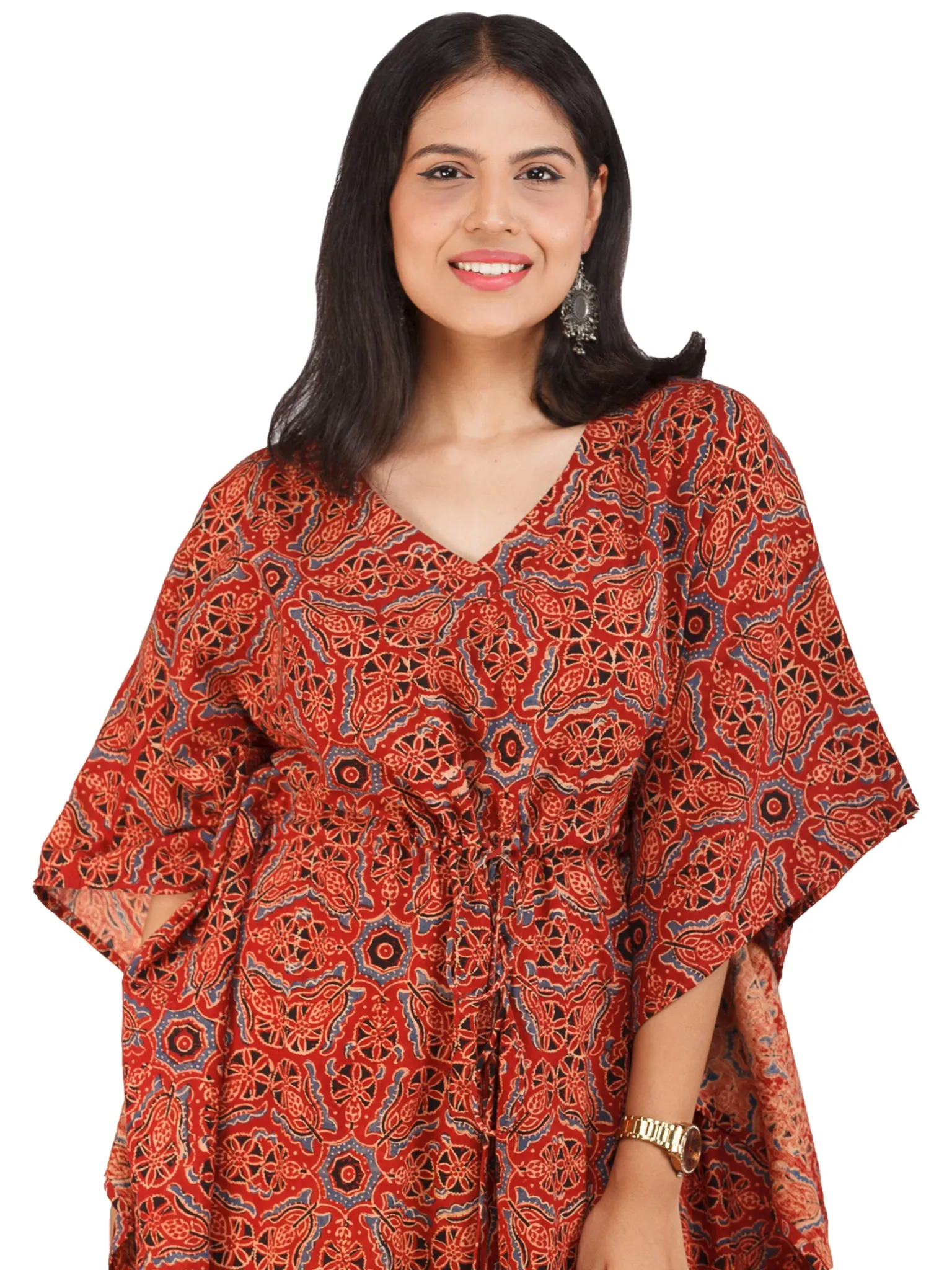 Brick Red Black Blue Ajrakh Hand Block Printed Kaftan - K153F1582