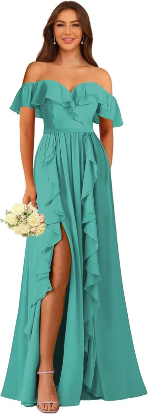 Bridesmaid Dress Women's Formal Dresses Long with Slit Off Shoulder Chiffon Ruffle Hemline Wedding Guest Dress