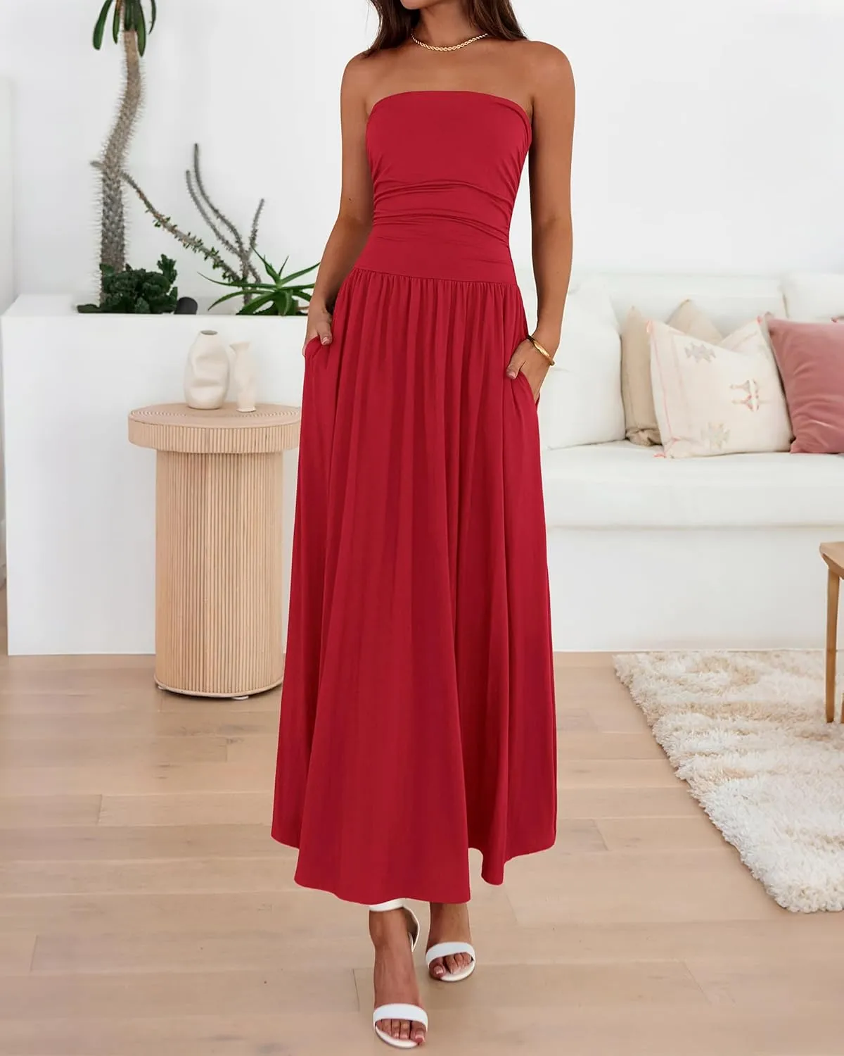 BTFBM Summer Maxi Dresses for Women 2025 Strapless Ruched Tube Top Flowy Beach Vacation Wedding Guest Dress Pockets