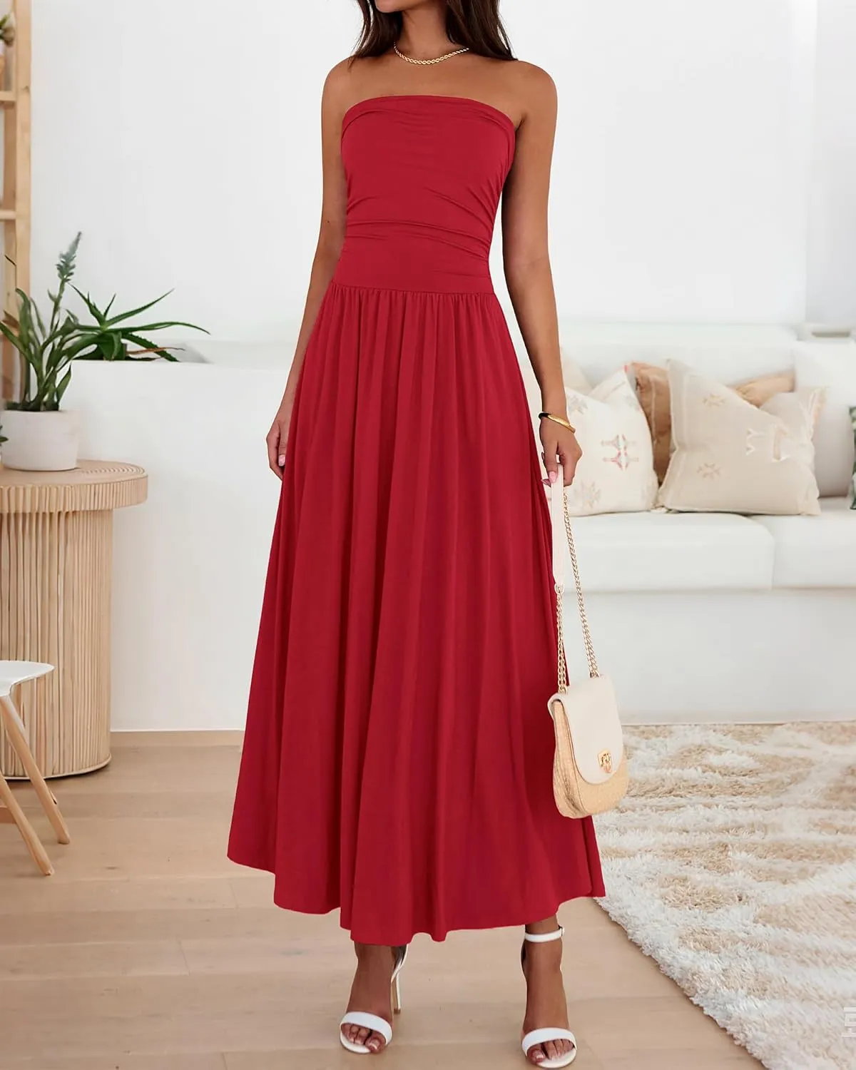BTFBM Summer Maxi Dresses for Women 2025 Strapless Ruched Tube Top Flowy Beach Vacation Wedding Guest Dress Pockets