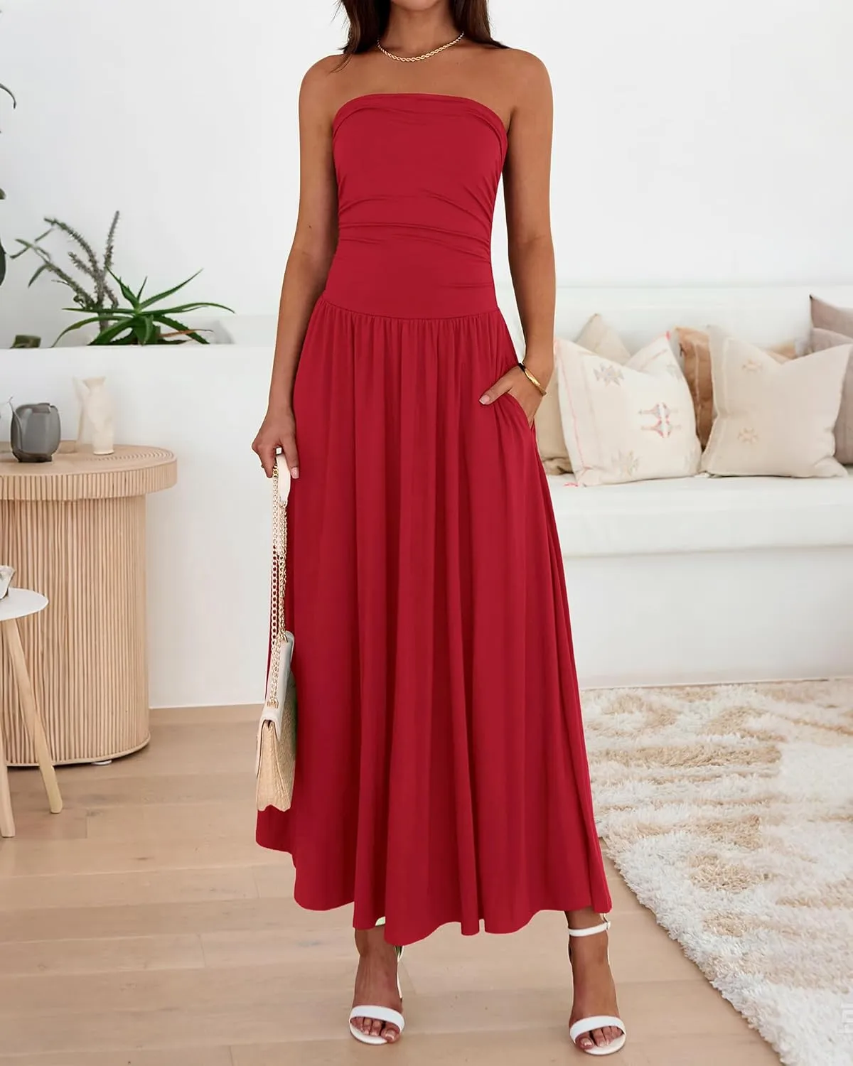 BTFBM Summer Maxi Dresses for Women 2025 Strapless Ruched Tube Top Flowy Beach Vacation Wedding Guest Dress Pockets