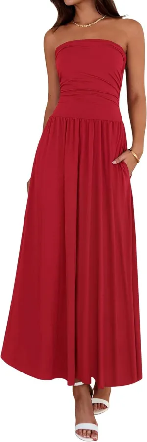 BTFBM Summer Maxi Dresses for Women 2025 Strapless Ruched Tube Top Flowy Beach Vacation Wedding Guest Dress Pockets