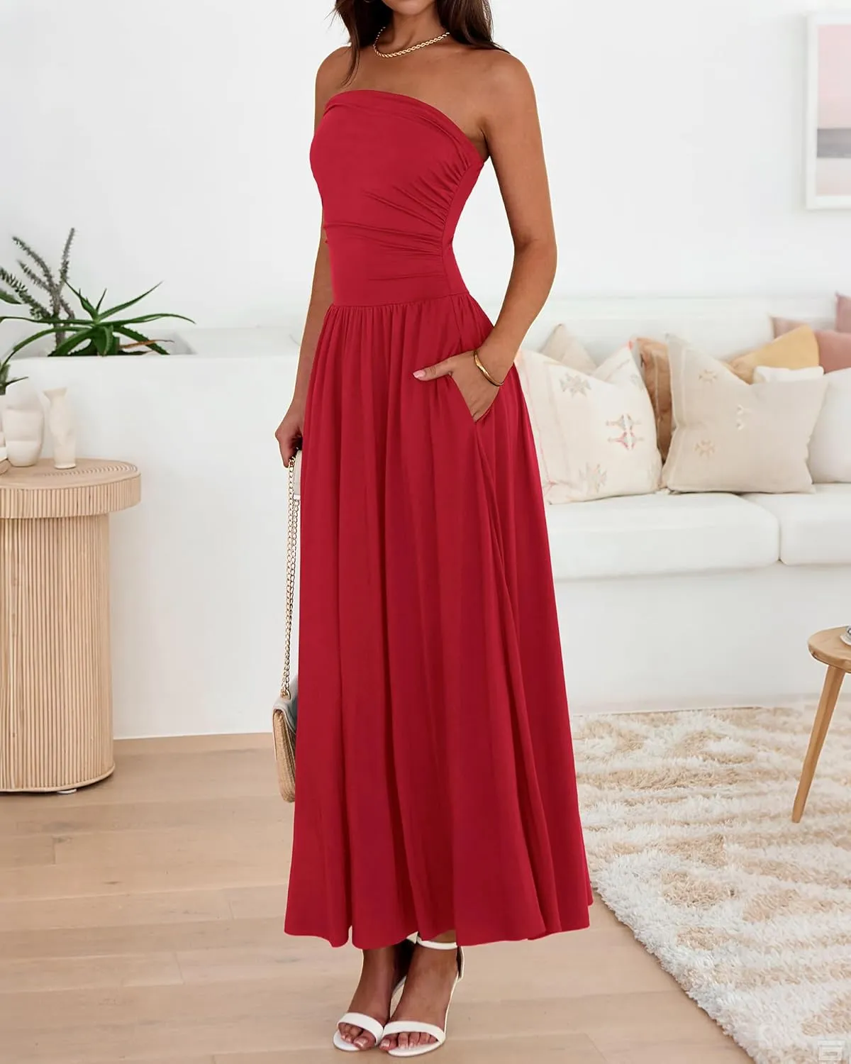 BTFBM Summer Maxi Dresses for Women 2025 Strapless Ruched Tube Top Flowy Beach Vacation Wedding Guest Dress Pockets