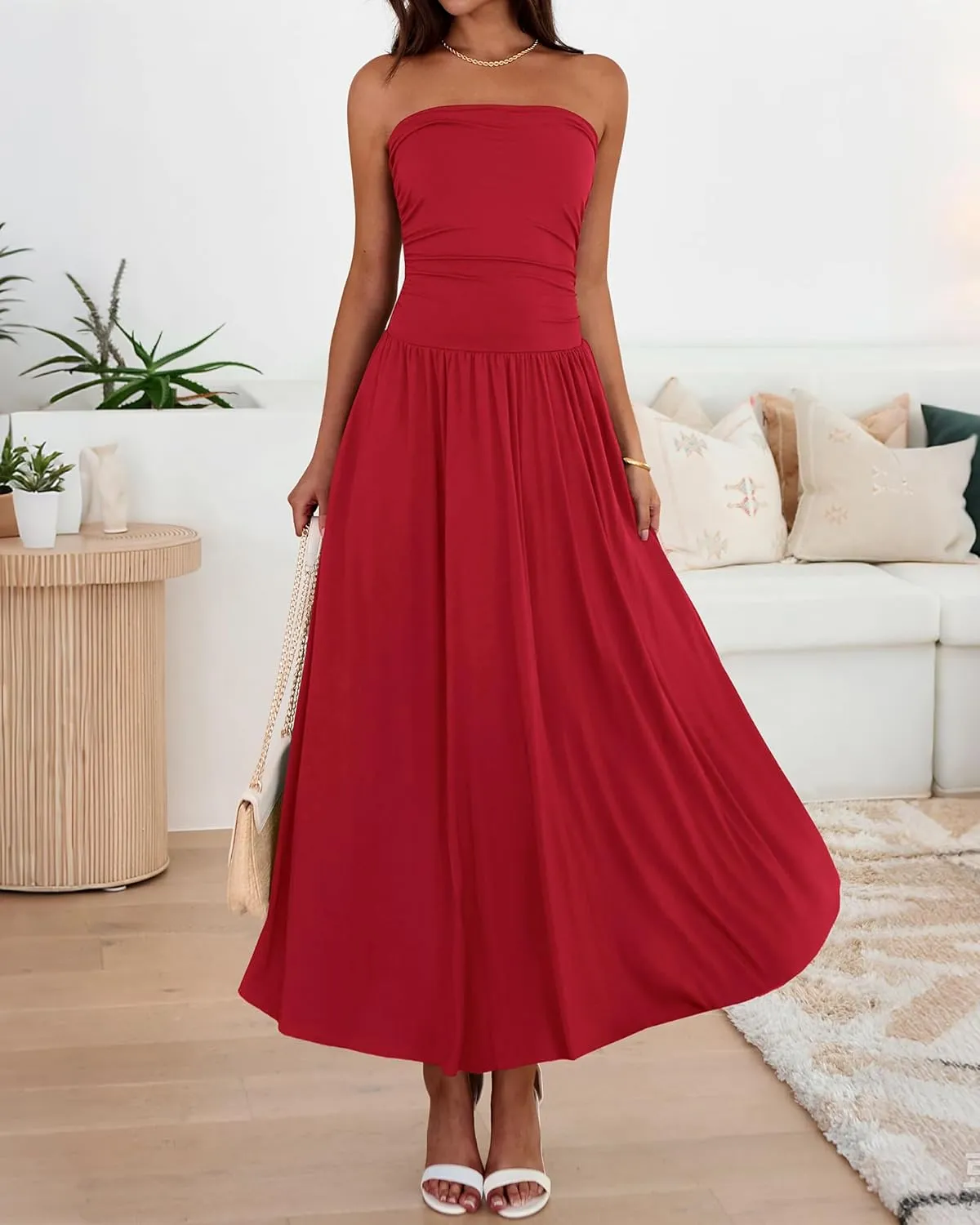 BTFBM Summer Maxi Dresses for Women 2025 Strapless Ruched Tube Top Flowy Beach Vacation Wedding Guest Dress Pockets