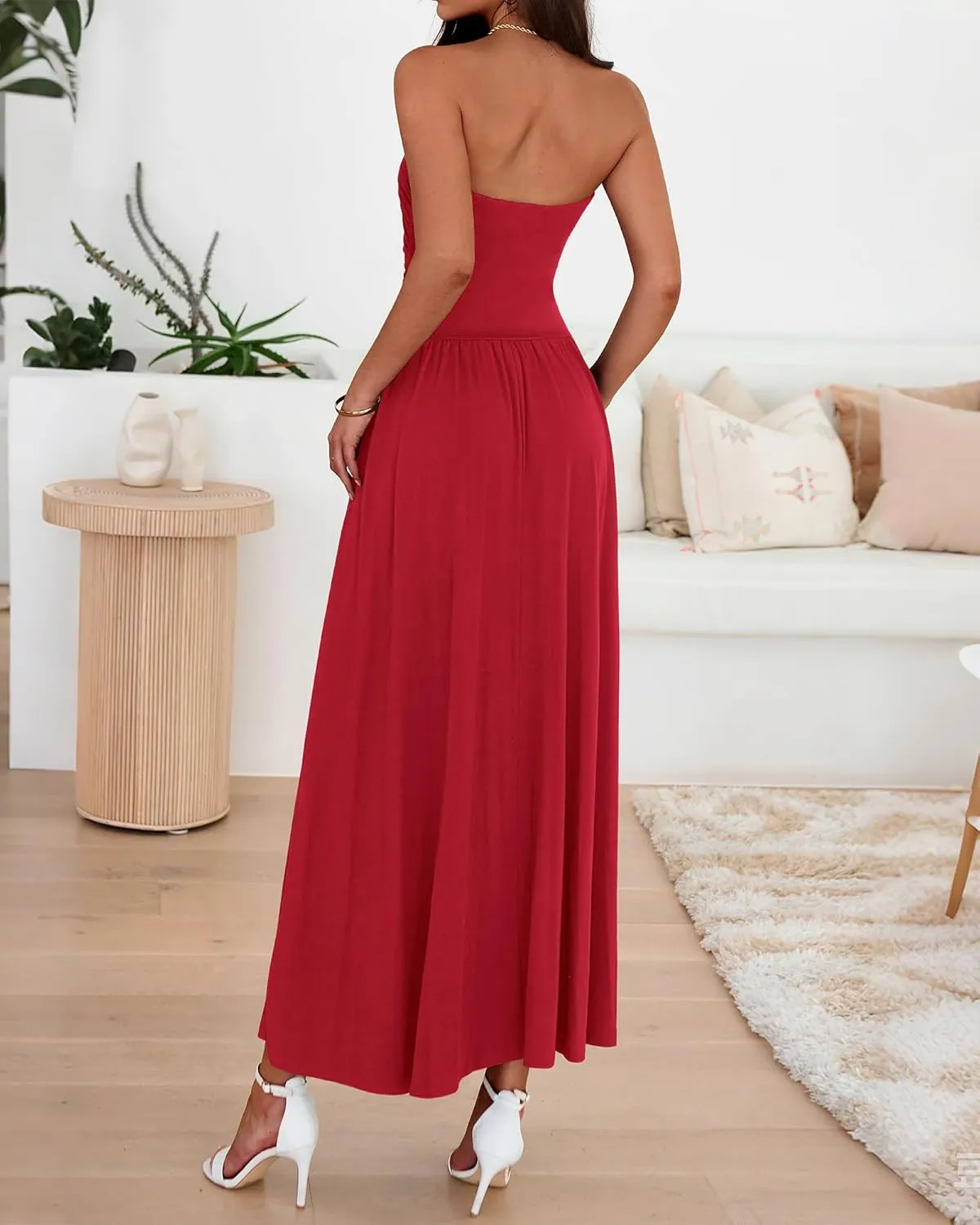 BTFBM Summer Maxi Dresses for Women 2025 Strapless Ruched Tube Top Flowy Beach Vacation Wedding Guest Dress Pockets
