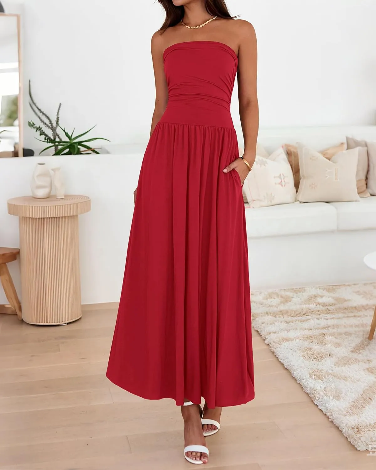 BTFBM Summer Maxi Dresses for Women 2025 Strapless Ruched Tube Top Flowy Beach Vacation Wedding Guest Dress Pockets