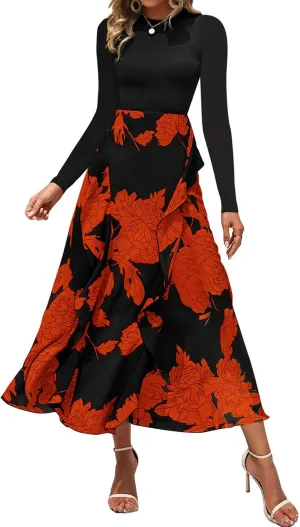 BTFBM Womens Floral Maxi Dress Spring Summer Casual Crewneck Long Sleeve Ruffle Flowy Cocktail Wedding Guest Dresses