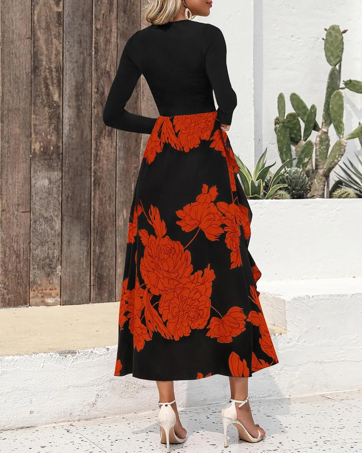 BTFBM Womens Floral Maxi Dress Spring Summer Casual Crewneck Long Sleeve Ruffle Flowy Cocktail Wedding Guest Dresses