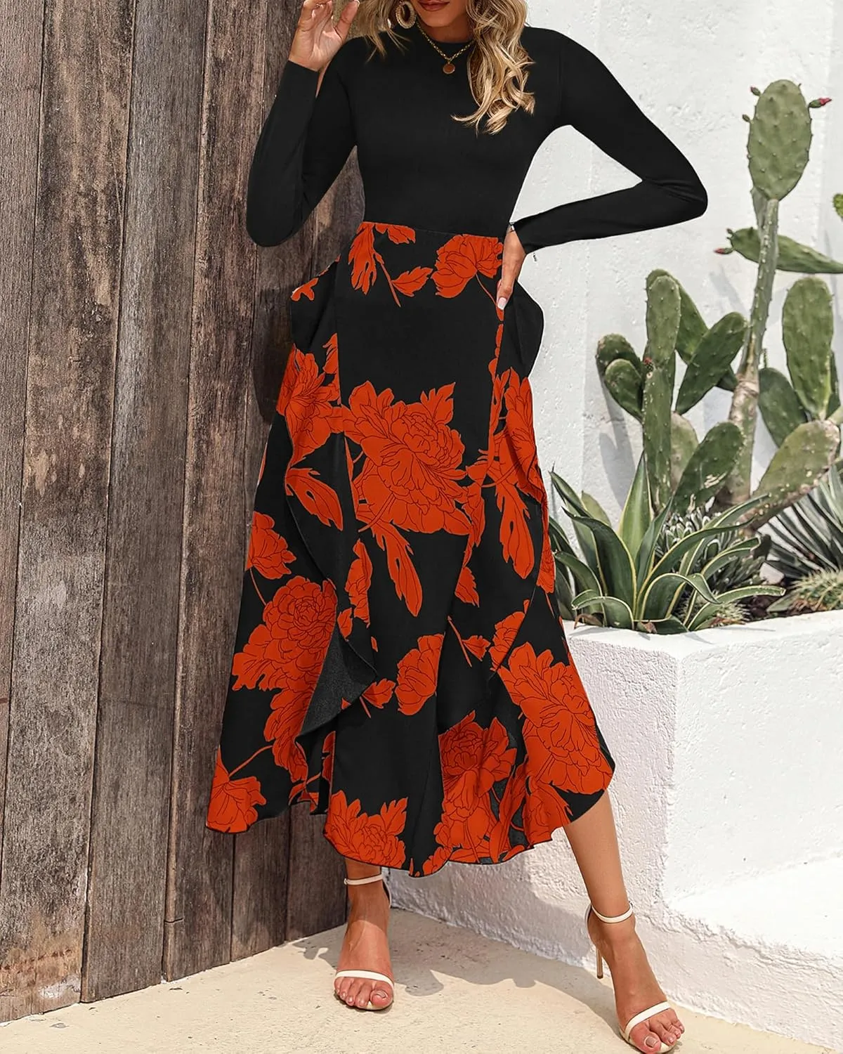 BTFBM Womens Floral Maxi Dress Spring Summer Casual Crewneck Long Sleeve Ruffle Flowy Cocktail Wedding Guest Dresses
