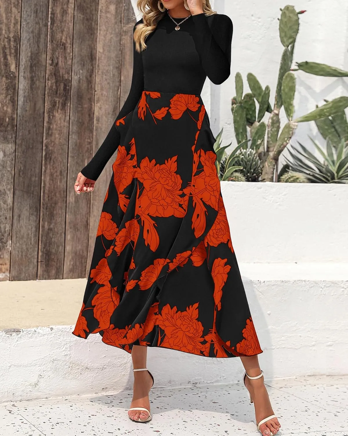 BTFBM Womens Floral Maxi Dress Spring Summer Casual Crewneck Long Sleeve Ruffle Flowy Cocktail Wedding Guest Dresses