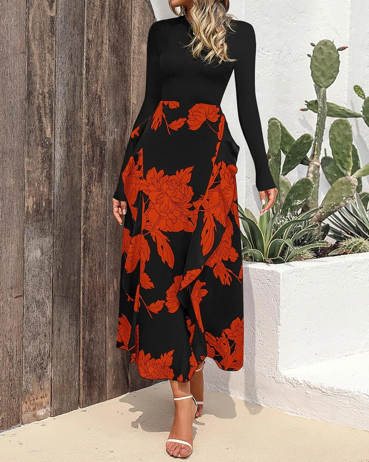 BTFBM Womens Floral Maxi Dress Spring Summer Casual Crewneck Long Sleeve Ruffle Flowy Cocktail Wedding Guest Dresses