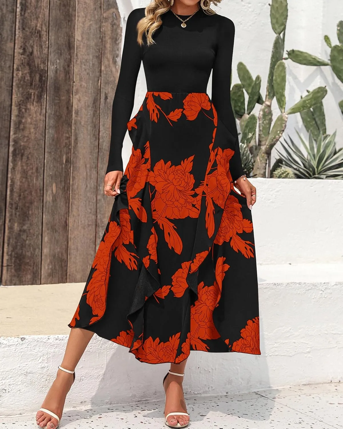 BTFBM Womens Floral Maxi Dress Spring Summer Casual Crewneck Long Sleeve Ruffle Flowy Cocktail Wedding Guest Dresses