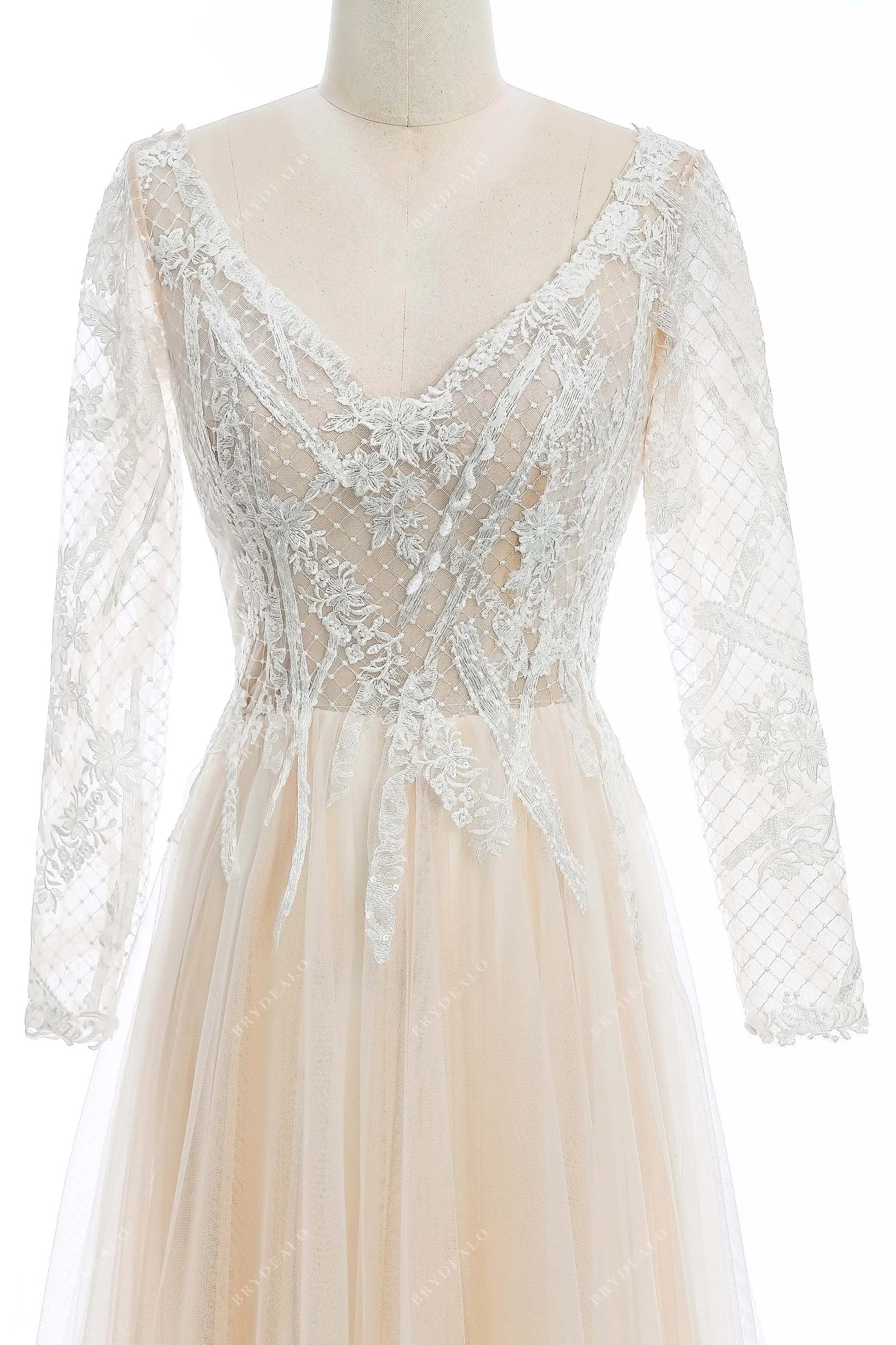 Champagne Lace V-neck Long Sleeve Open Back Wedding Dress