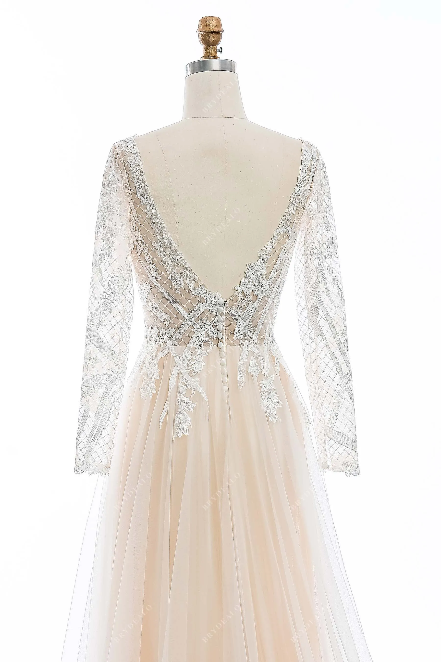 Champagne Lace V-neck Long Sleeve Open Back Wedding Dress
