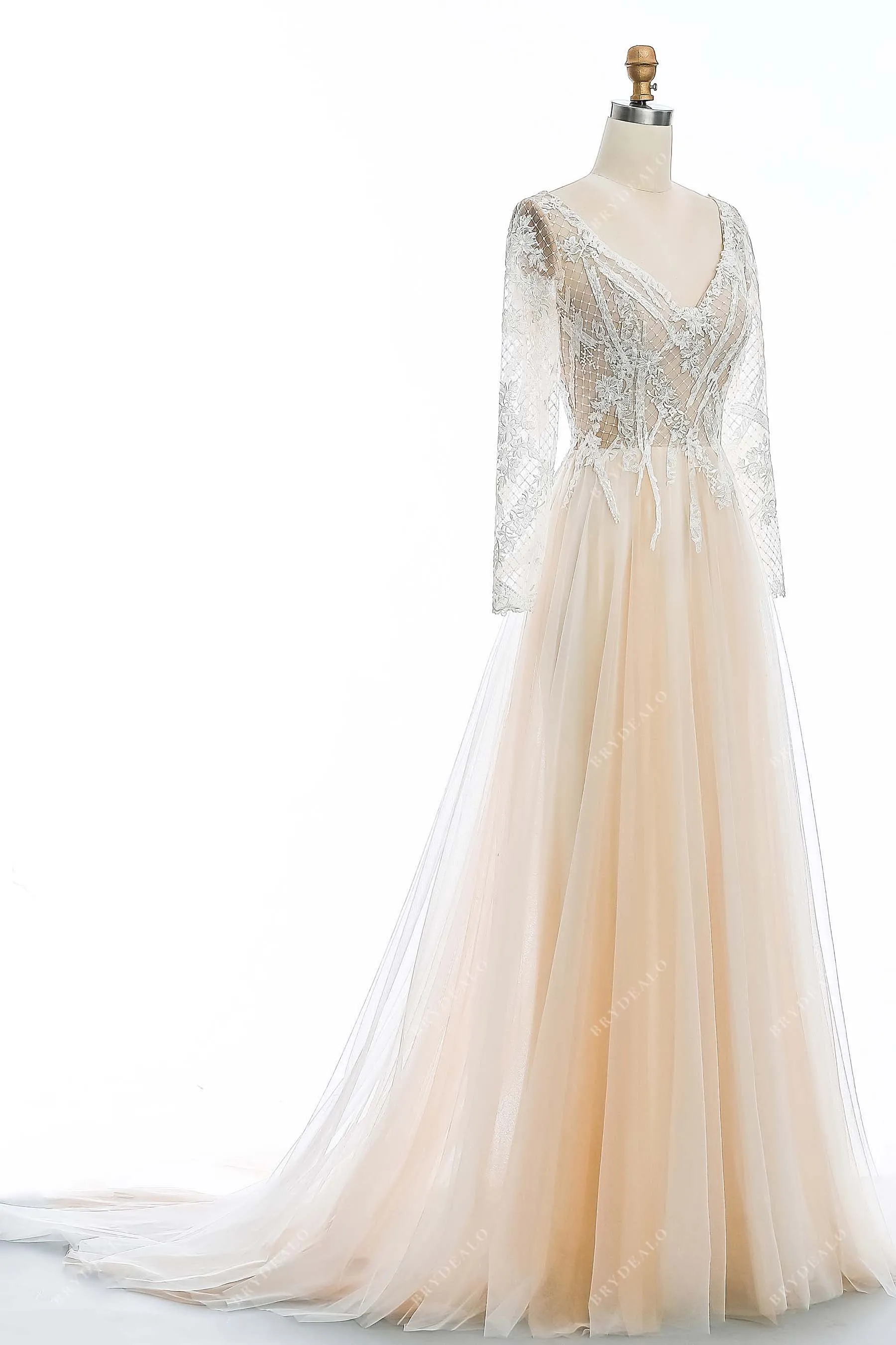 Champagne Lace V-neck Long Sleeve Open Back Wedding Dress