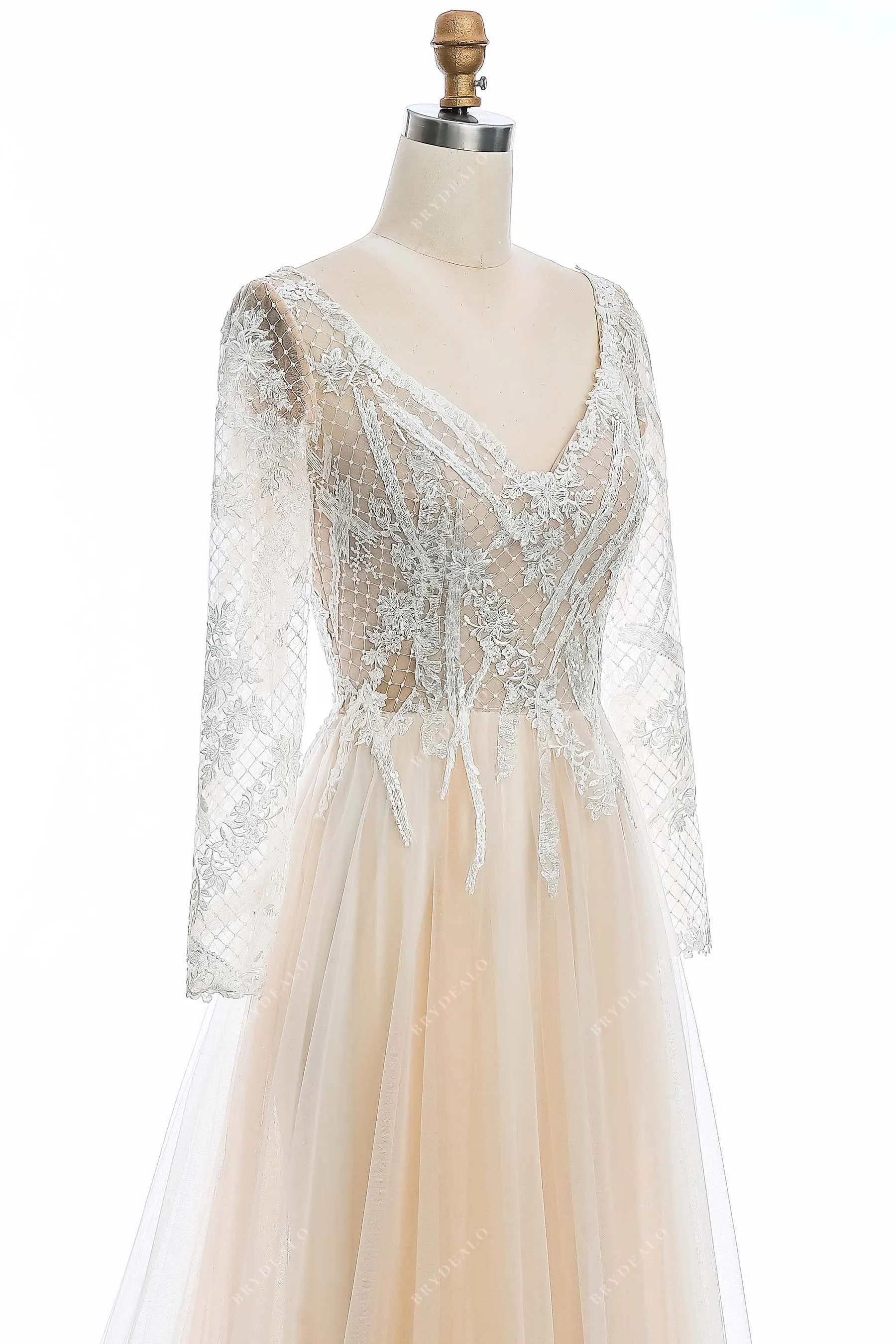 Champagne Lace V-neck Long Sleeve Open Back Wedding Dress