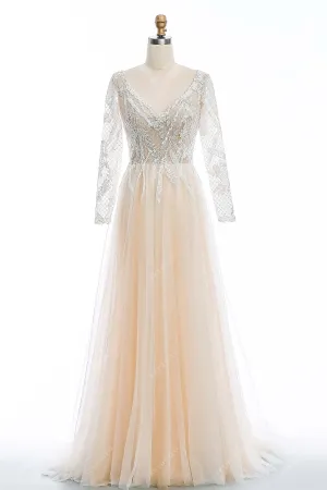 Champagne Lace V-neck Long Sleeve Open Back Wedding Dress