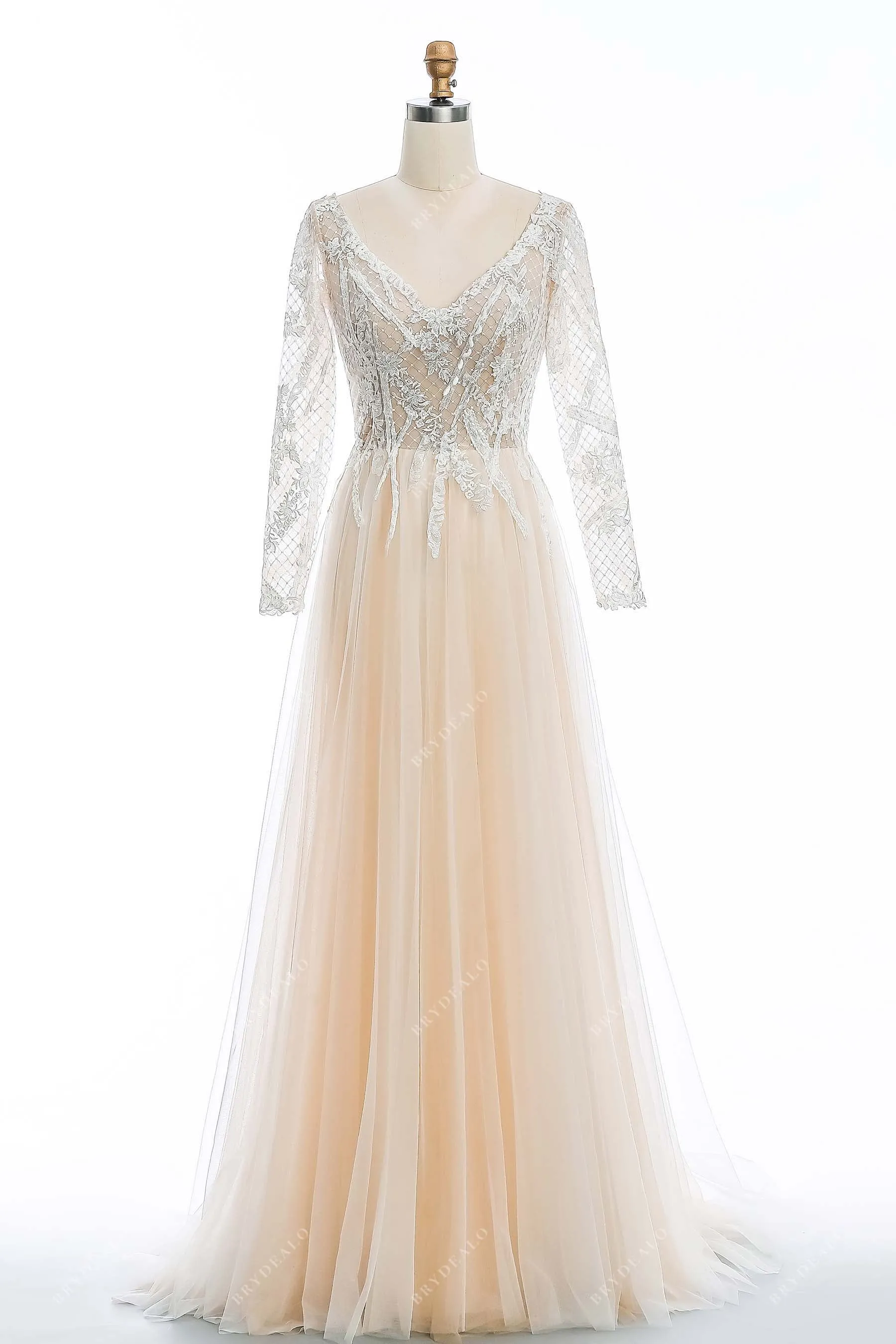Champagne Lace V-neck Long Sleeve Open Back Wedding Dress