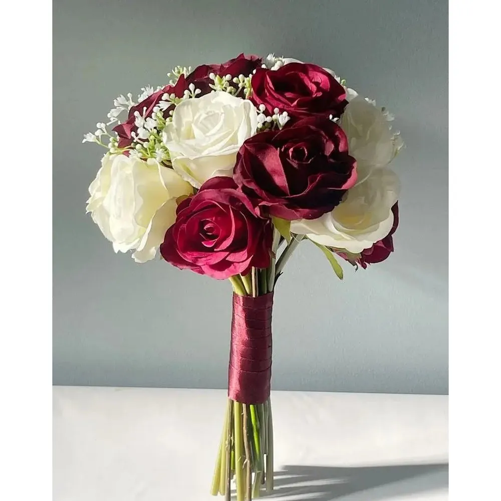 Christmas Dark Red And Ivory Artificial Wedding Bouquet