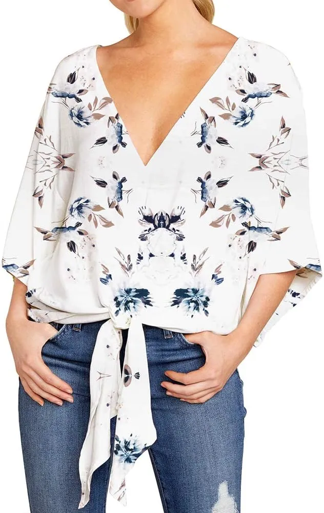 Ckikiou Womens Plus Size V Neck Knot Tie Front Summer Chiffon Blouses Tops Loose 3/4 Batwing Sleeve Shirts