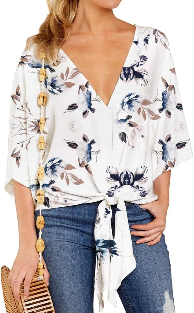 Ckikiou Womens Plus Size V Neck Knot Tie Front Summer Chiffon Blouses Tops Loose 3/4 Batwing Sleeve Shirts
