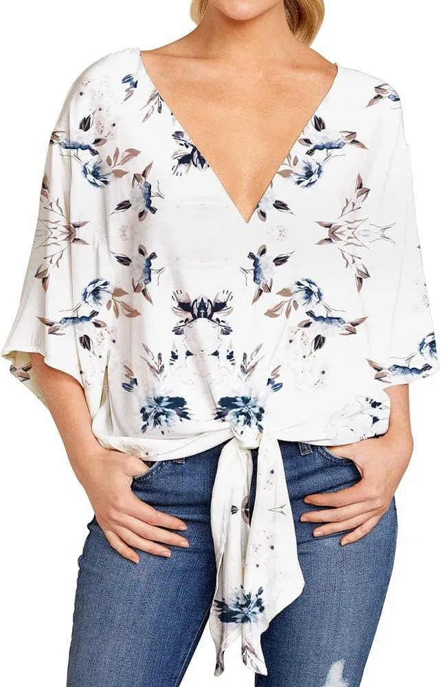 Ckikiou Womens Plus Size V Neck Knot Tie Front Summer Chiffon Blouses Tops Loose 3/4 Batwing Sleeve Shirts