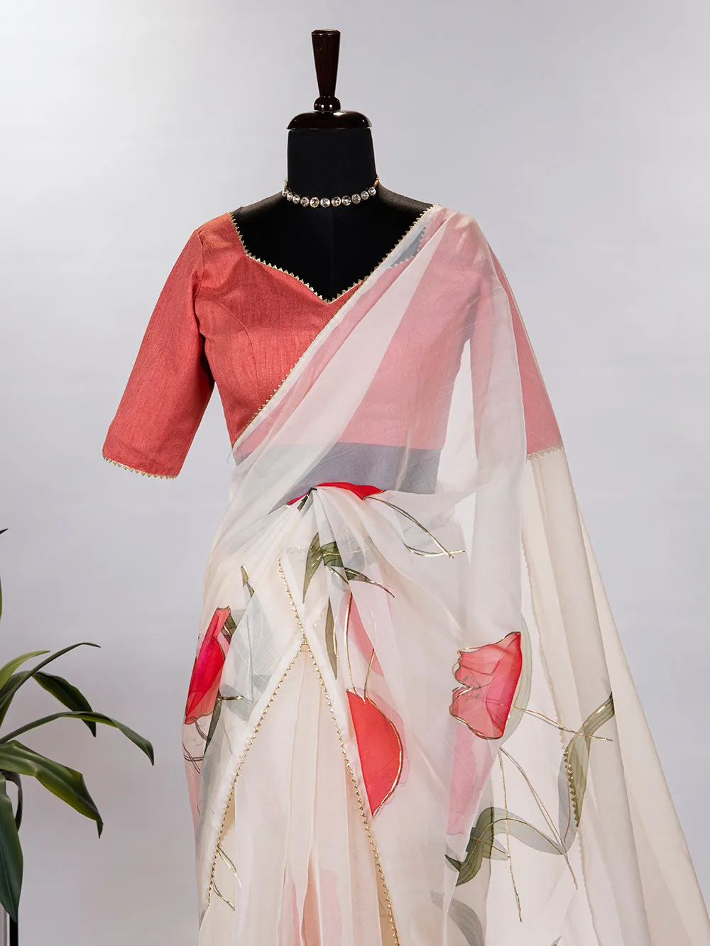 Cream Color Floral & Foil Printed Organza Saree