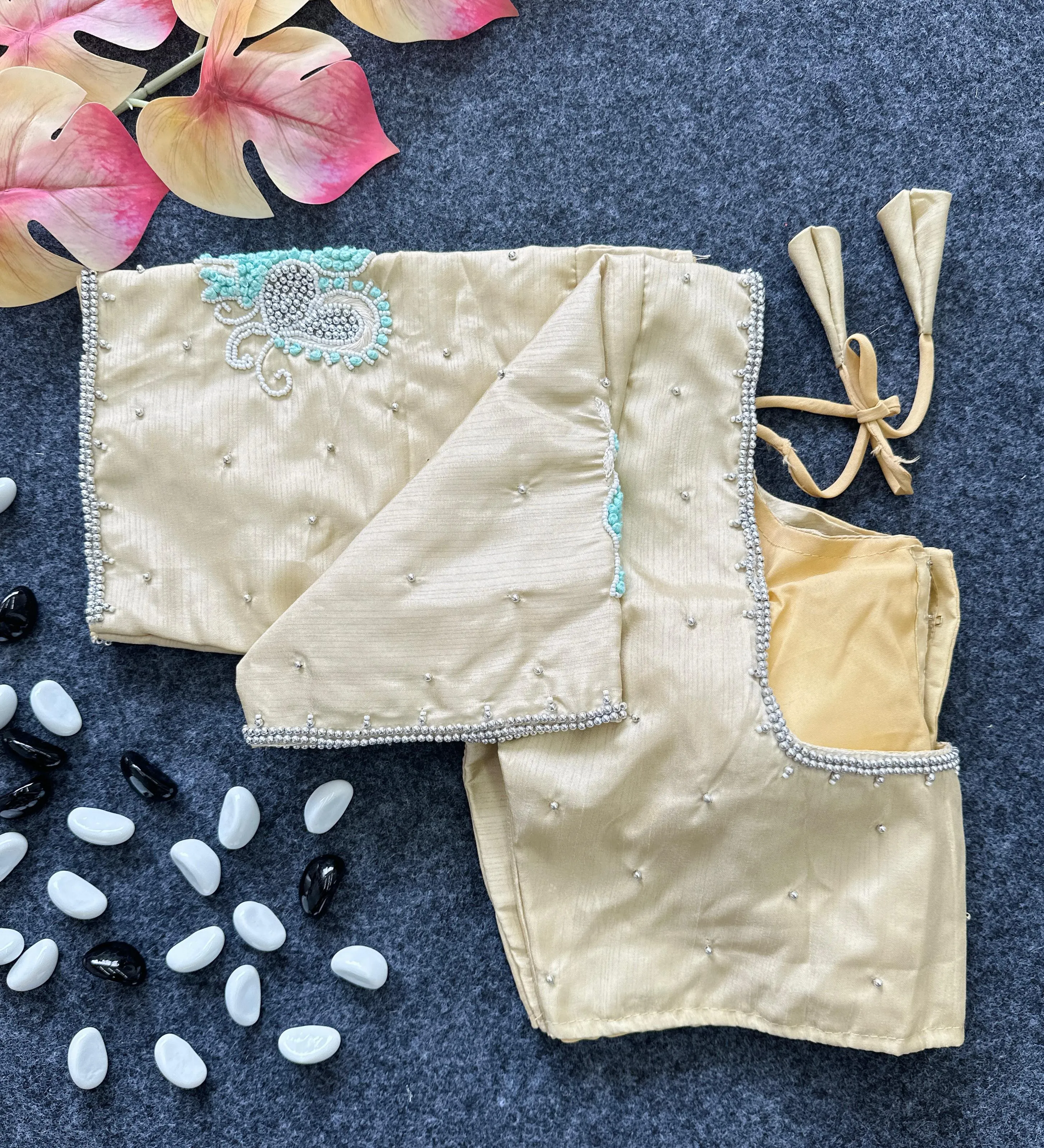 Cream Color Party Wear Blouse in Lemon Silk with Elegant Handwork and Knot Design
