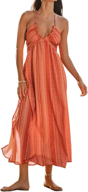 CUPSHE Women Backless Floral Summer Dress Plunging V Halter Neck Spaghetti Strap Ruffle Casual Beach Holiday Maxi Dress