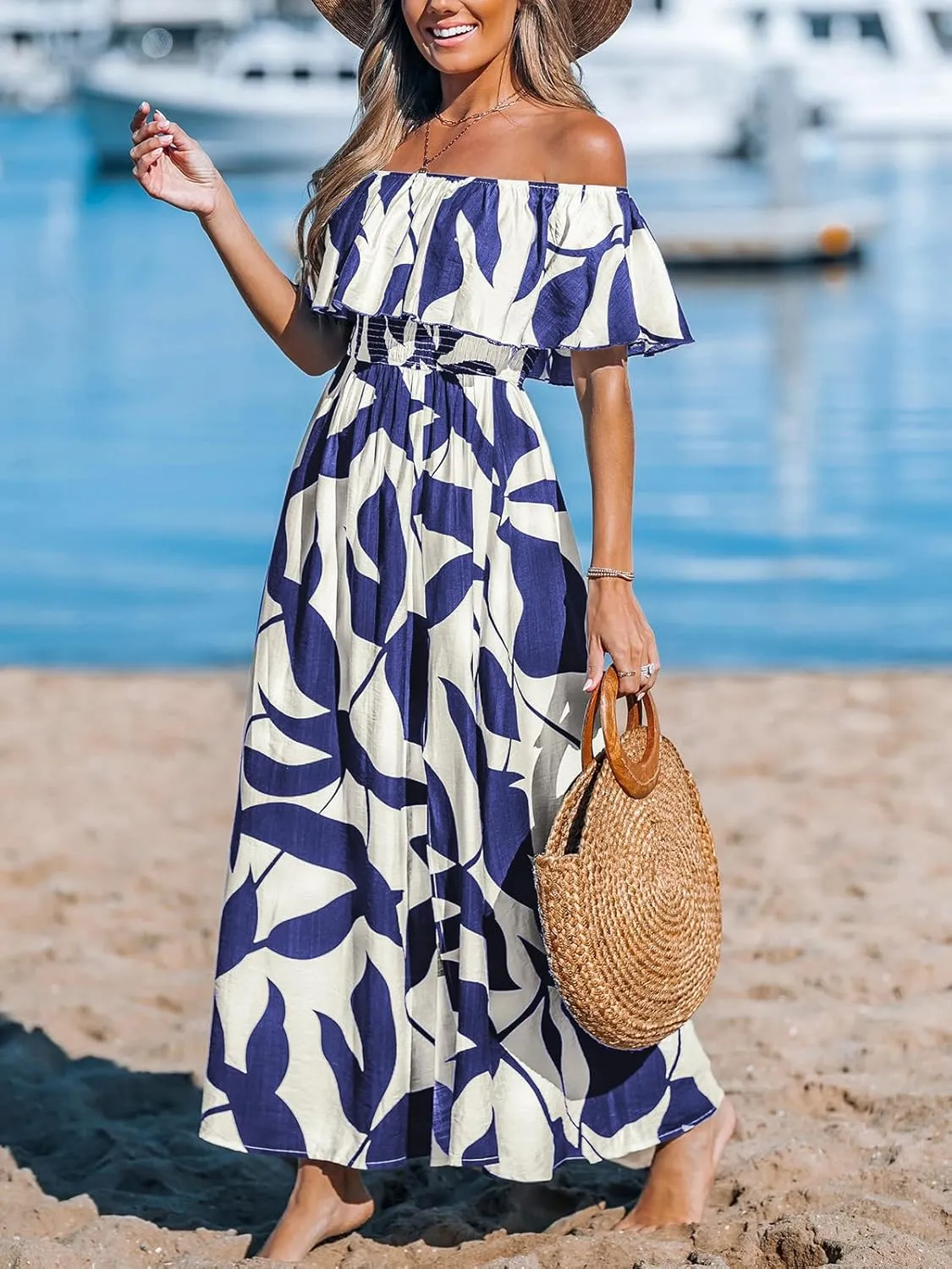 CUPSHE Women Ruffle Floral Maxi Summer Dress Off Shoulder Short Sleeve Backless Flounce Bodice Slit Hem Beach Dresses