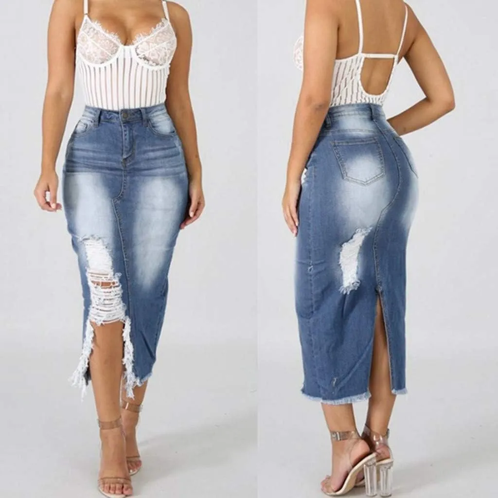Denim Midi Skirt High Waist Front Split Hole Tassel Slim Stretchy Casual Pencil Jean Skirts with Pockets Streetwear