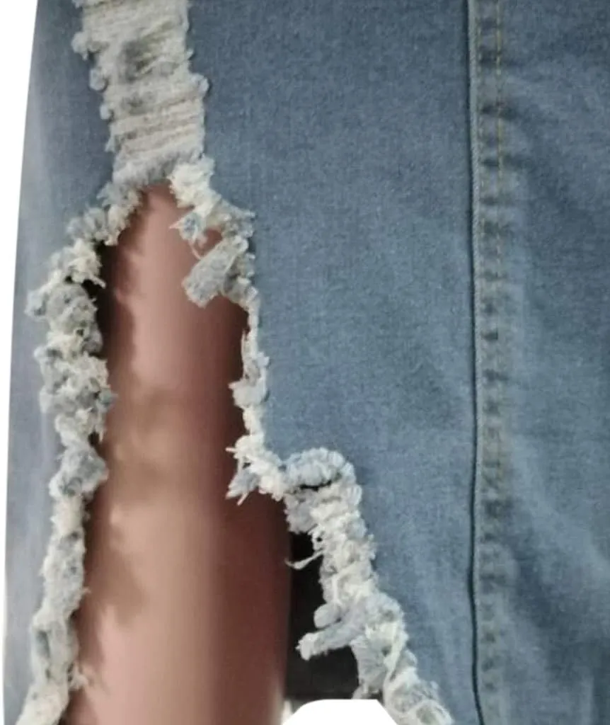 Denim Midi Skirt High Waist Front Split Hole Tassel Slim Stretchy Casual Pencil Jean Skirts with Pockets Streetwear