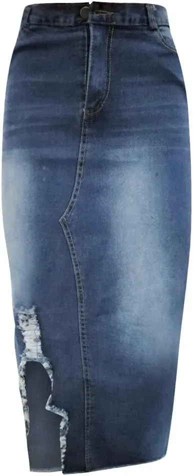Denim Midi Skirt High Waist Front Split Hole Tassel Slim Stretchy Casual Pencil Jean Skirts with Pockets Streetwear
