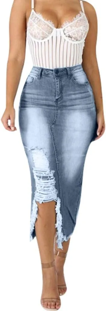 Denim Midi Skirt High Waist Front Split Hole Tassel Slim Stretchy Casual Pencil Jean Skirts with Pockets Streetwear