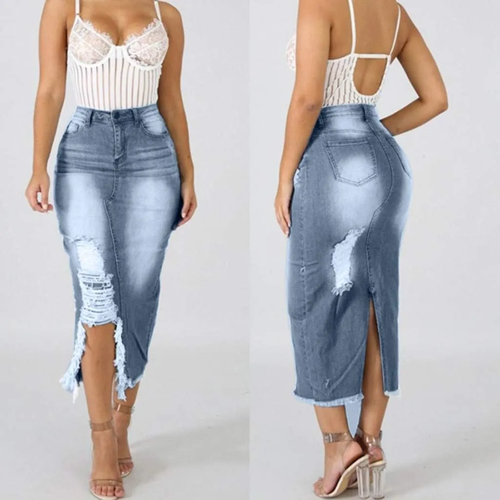Denim Midi Skirt High Waist Front Split Hole Tassel Slim Stretchy Casual Pencil Jean Skirts with Pockets Streetwear