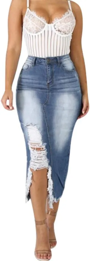 Denim Midi Skirt High Waist Front Split Hole Tassel Slim Stretchy Casual Pencil Jean Skirts with Pockets Streetwear