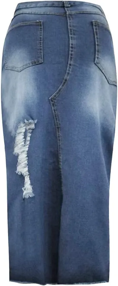 Denim Midi Skirt High Waist Front Split Hole Tassel Slim Stretchy Casual Pencil Jean Skirts with Pockets Streetwear