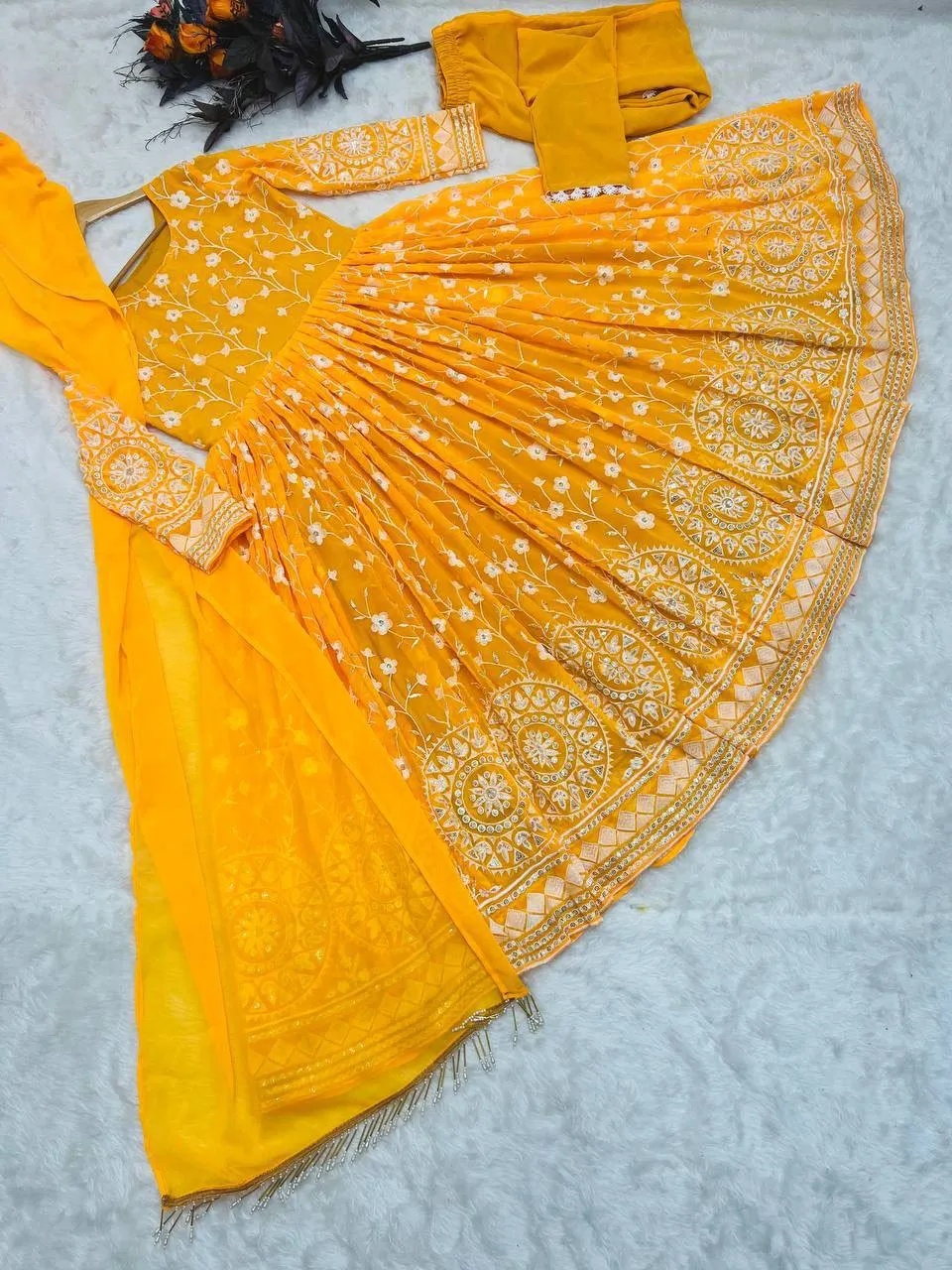 Designer Mustard Color Thread Work Gown