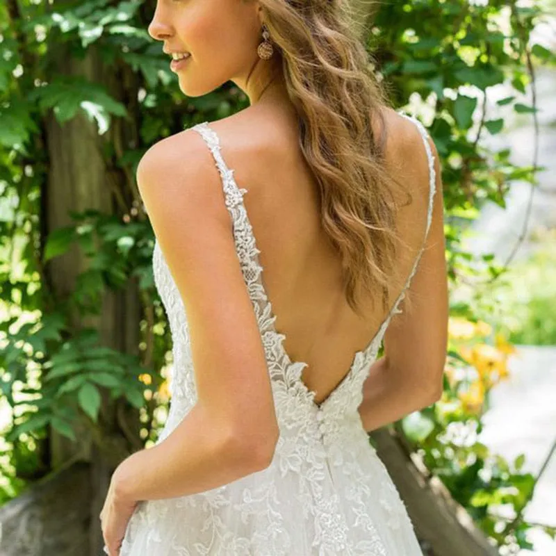 Eightale Boho Wedding Dress V-Neck Appliques A-Line Lace Bridal Wedding Gown Dress