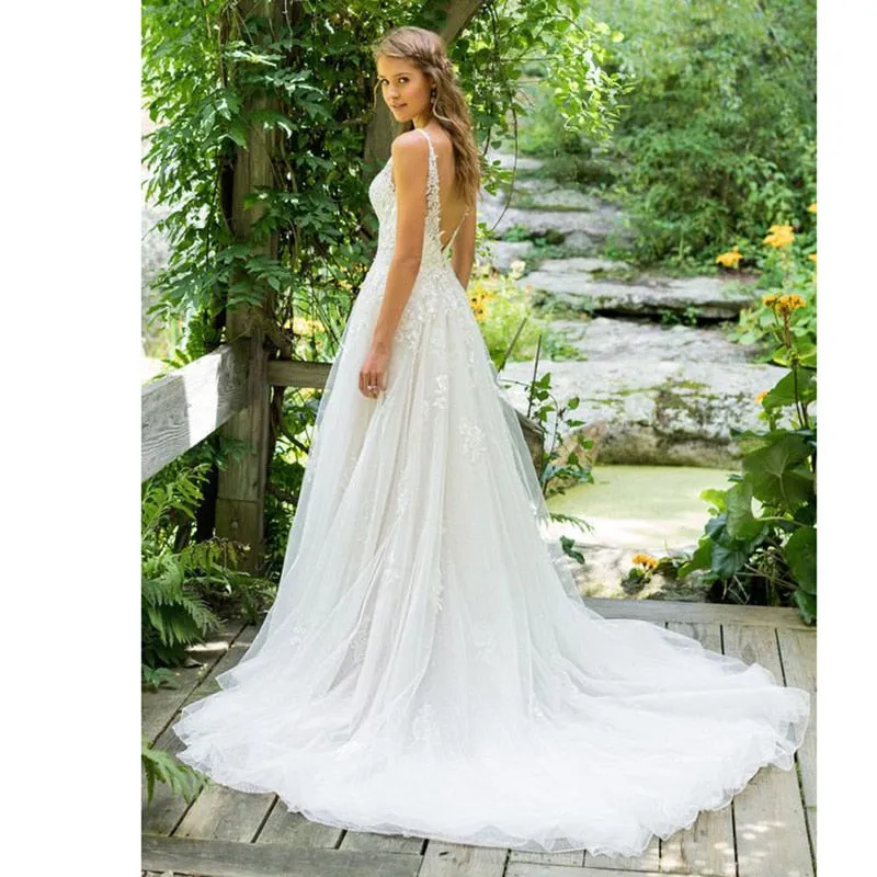Eightale Boho Wedding Dress V-Neck Appliques A-Line Lace Bridal Wedding Gown Dress