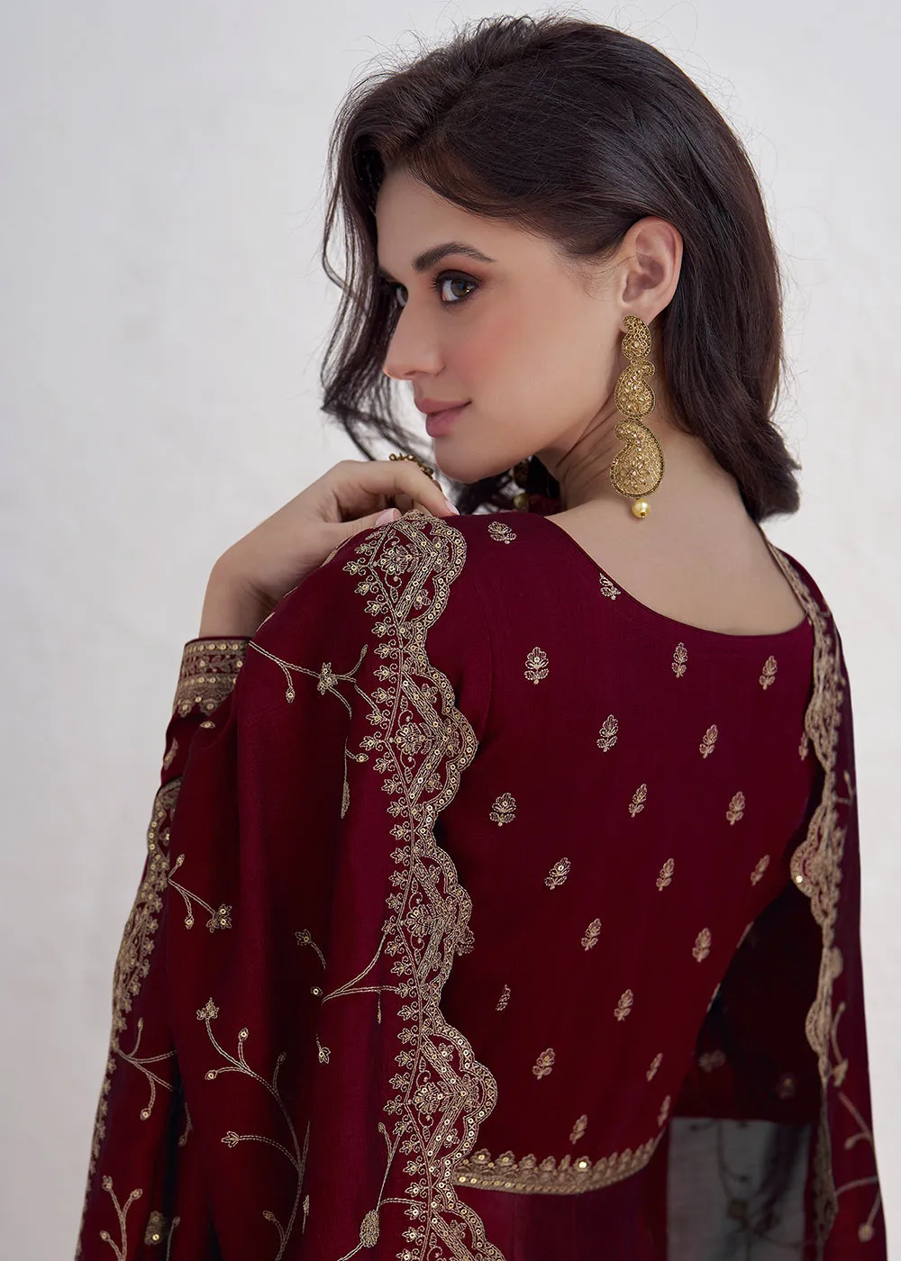 Elegant Maroon Embroidered Silk Wedding Anarkali Dress