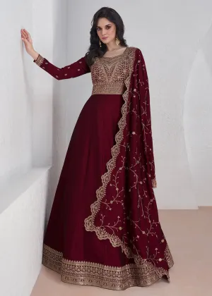 Elegant Maroon Embroidered Silk Wedding Anarkali Dress