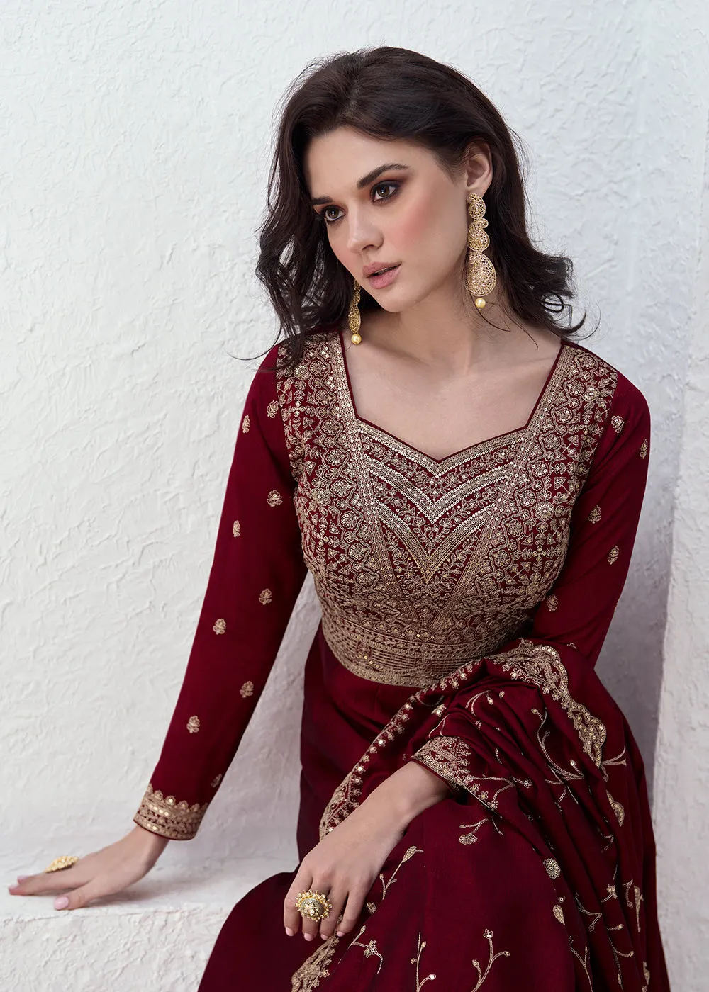 Elegant Maroon Embroidered Silk Wedding Anarkali Dress