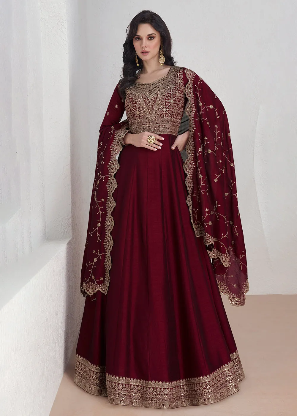 Elegant Maroon Embroidered Silk Wedding Anarkali Dress