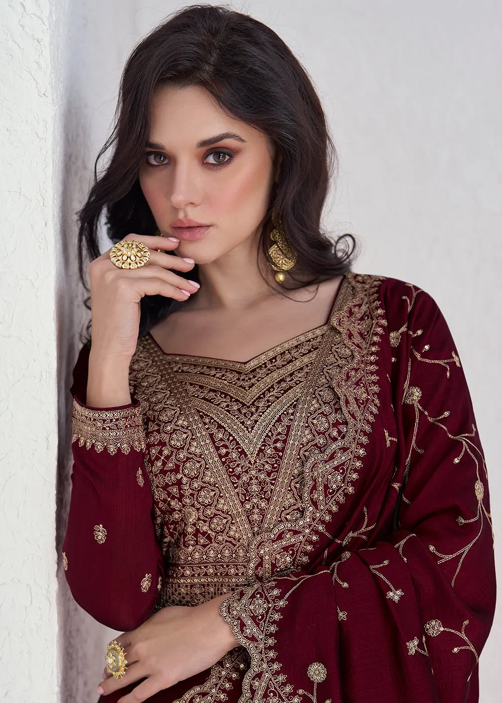 Elegant Maroon Embroidered Silk Wedding Anarkali Dress