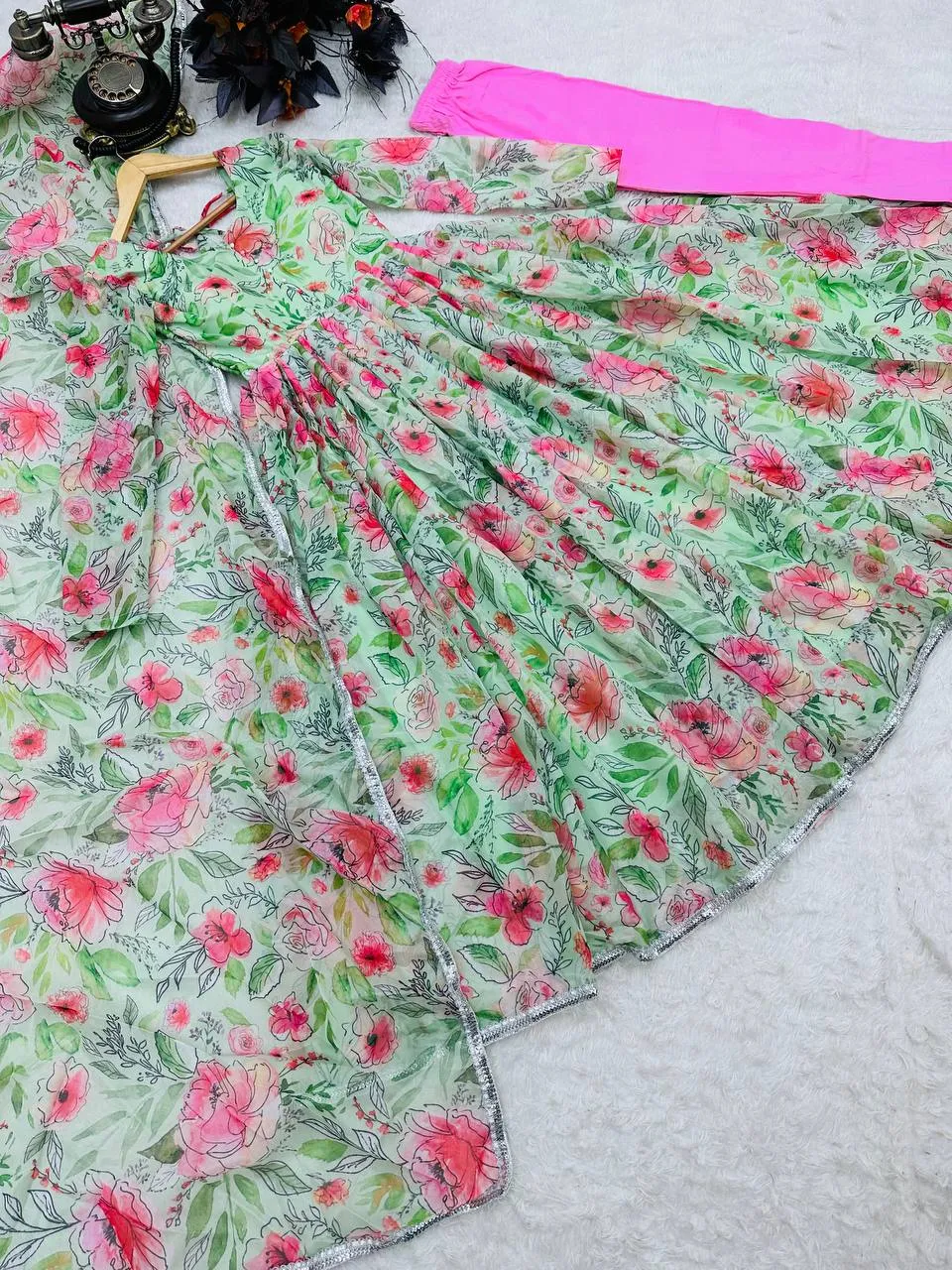 Flower Print Pista Green Color Anarkali Gown