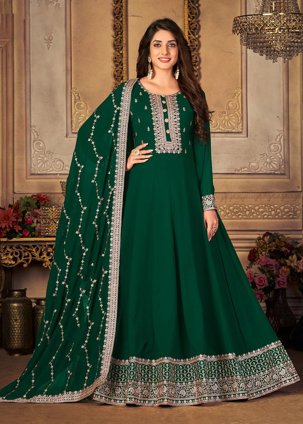 Georgette Dark Green Embellished Wedding Fest Anarkali Suit