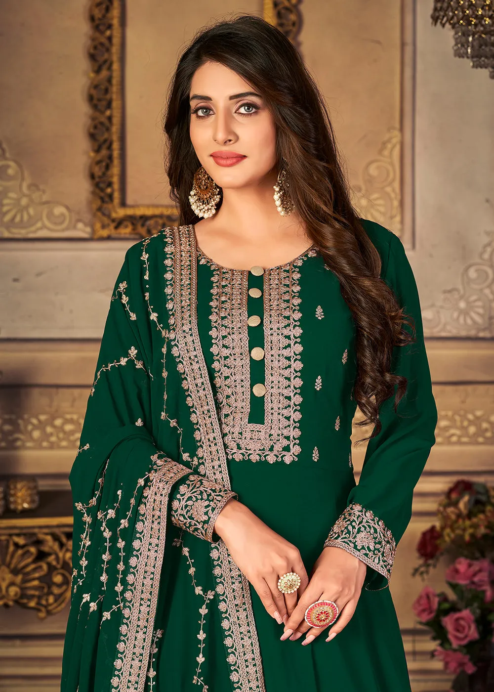 Georgette Dark Green Embellished Wedding Fest Anarkali Suit