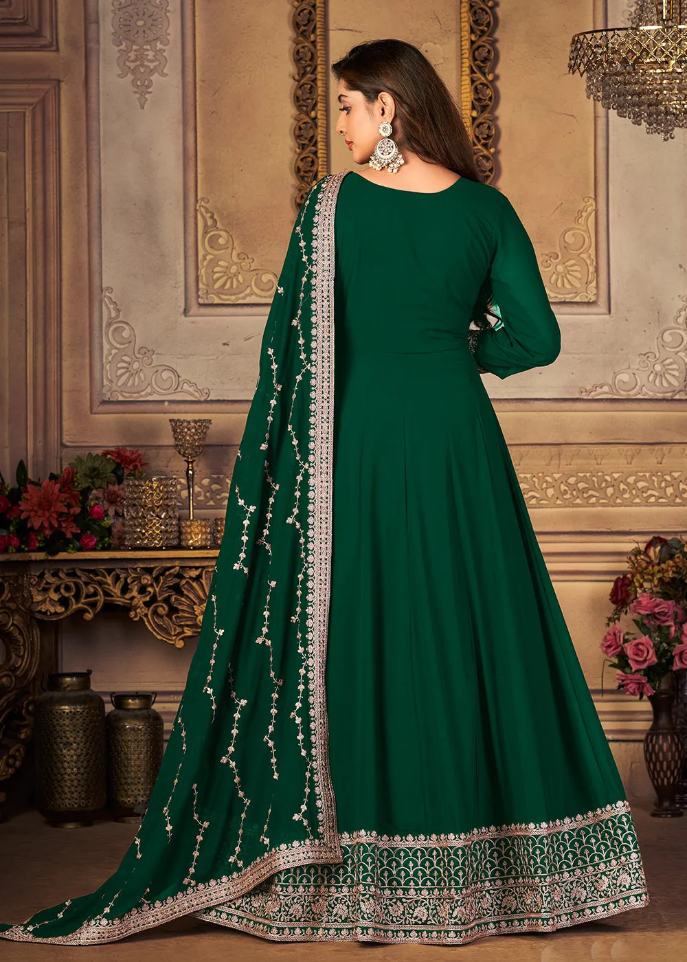 Georgette Dark Green Embellished Wedding Fest Anarkali Suit