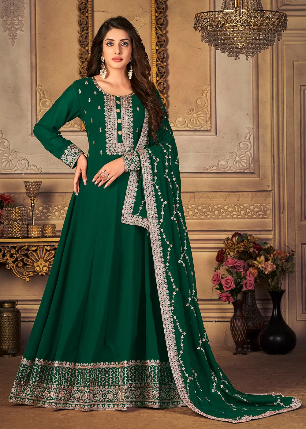 Georgette Dark Green Embellished Wedding Fest Anarkali Suit